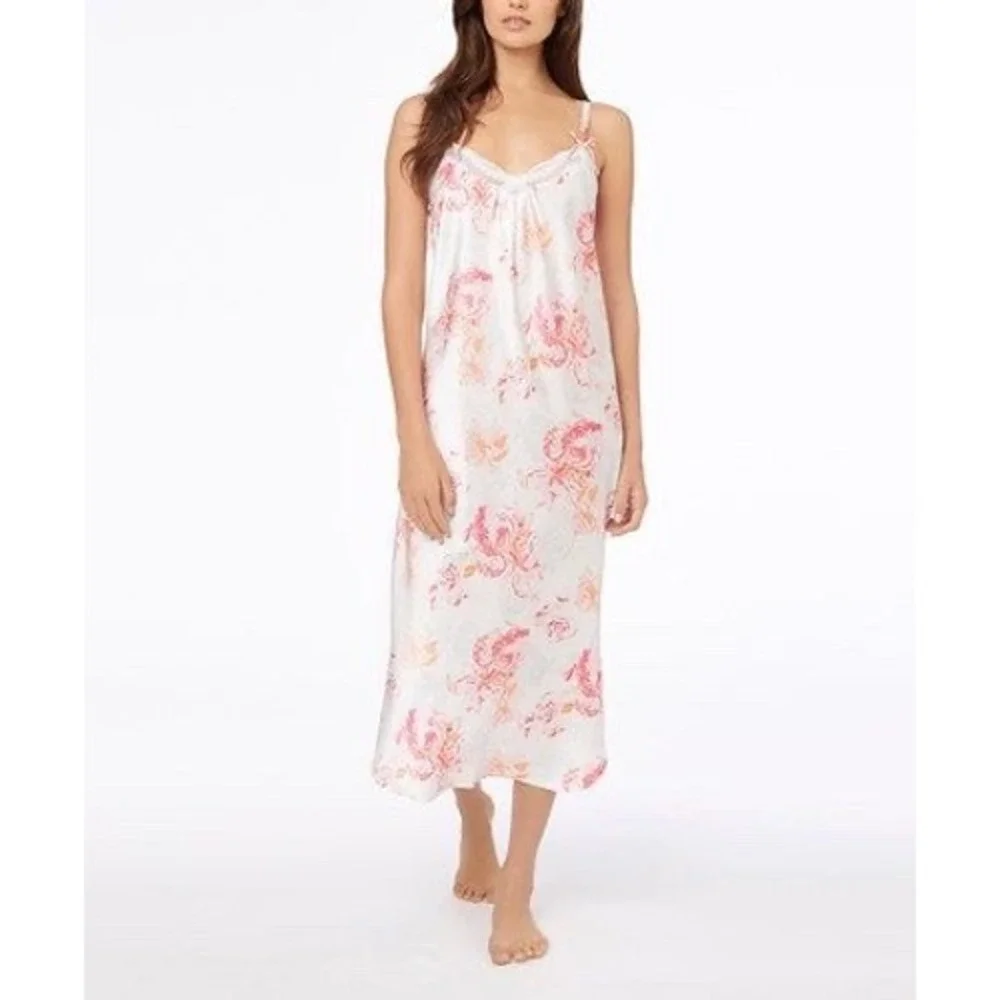 Oscar de la Renta Pink Floral Satin Lace Trim Nightgown Chemise